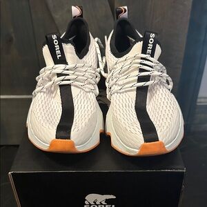 Sorel Women's White and Black Sneakers with Orange Highlights